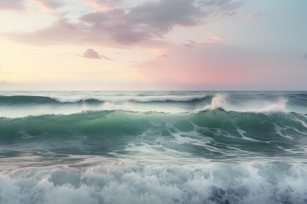 Onde del mare sulla spiaggia al mattino Splendido paesaggio marino in colori pastello IA generativa