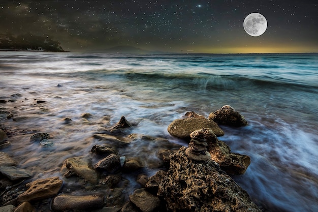 Onde del mare sulla spiaggia sassosa di notte con cielo stellato e luna piena