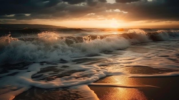 Onde dell'oceano e paesaggio al tramonto Immagine generata dall'intelligenza artificiale