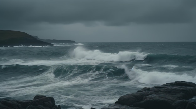 Onde dell'oceano in tempesta in tempo nuvoloso mare tempestoso generativo ai