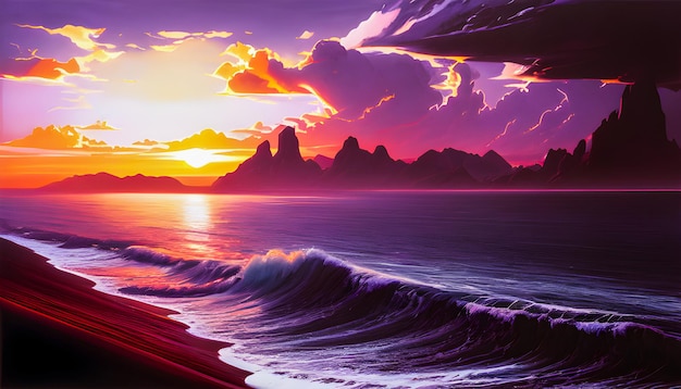 Onde dell'oceano orizzonte tramonto tela pittura arte della parete onde potenti stile anime generativo ai per wal