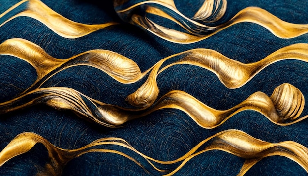 Onde liquide solide dorate scintillanti dorate e blu vorticose vibrazioni ultra realistiche funzioni d'onda linee e trame contorte tessuto senza cuciture fulldrop superficie ripetuta motivo geometrico