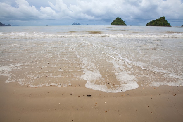 Onde morbide e spiaggia sabbiosa di spiaggia tropicale con montagna e nuvola.