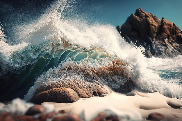 Onde spumose che si infrangono sulla costa rocciosa in una giornata luminosa ripresa da vicino