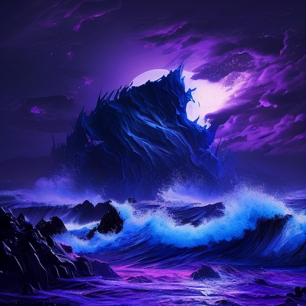 Onde viola e blu dell'oceano che si infrangono su una spiaggia rocciosa ai generativa