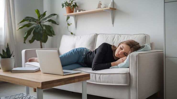 One beautiful female teenager sleeping and resting on the sofa while studying or working at home mi