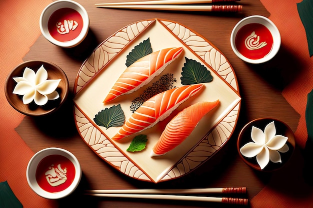 Onigiri di cibo orientale con riso e salmone su piatto di set di sushi