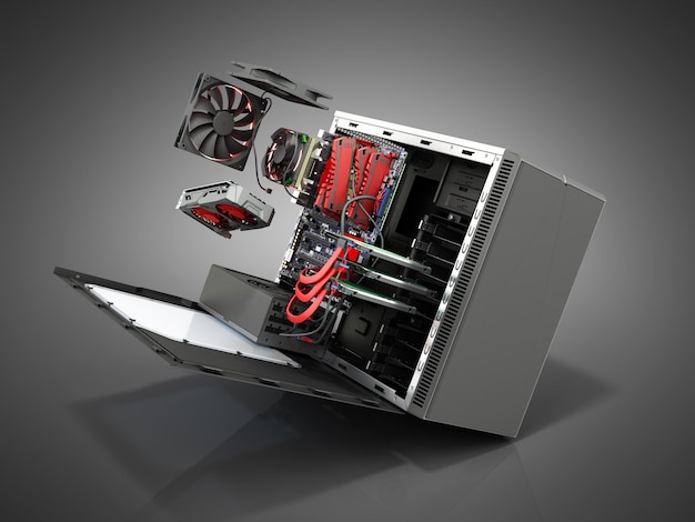 open pc case with internal parts motherboard cooler video card power supply hdd drives 3d render