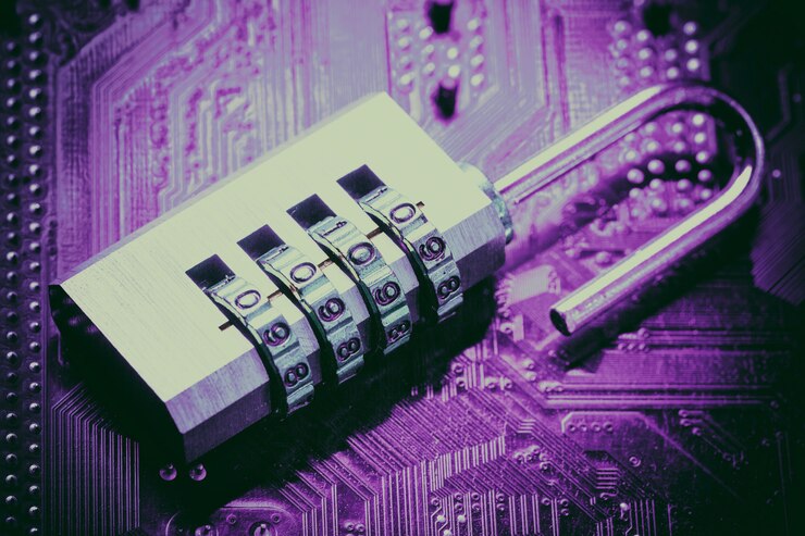 Photo opened padlock on computer motherboard