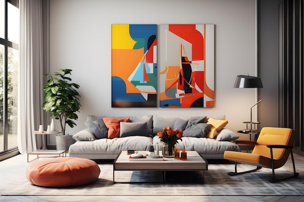 opera d'arte basata sulla combinazione di toni neutri e accenti audaci negli interni moderni del soggiorno