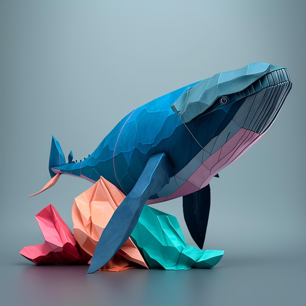 Opera d'arte colorata geometrica bassa poli balena generata dall'intelligenza artificiale