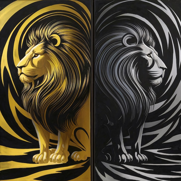 Opera d'arte della dualità di un leone d'oro e argento l'illustrazione del poster del leone