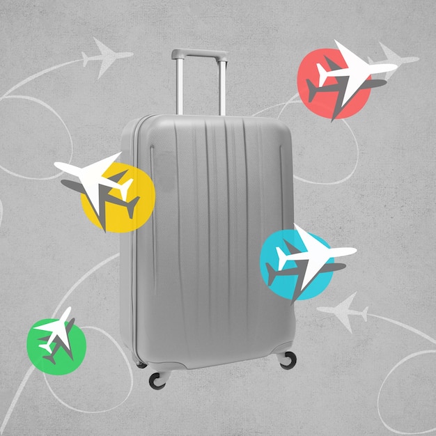 Opera d'arte della valigia borsa da viaggio con aeroplani colorati su sfondo grigio