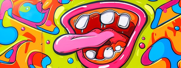Opera d'arte graffiti colorata caratterizzata da una bocca e una lingua stilizzate che evocano l'audacia e la ribellione