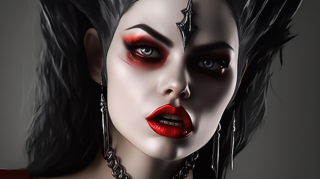 Opera d'arte primo piano ritratto malvagio vampiro medievale donna morde tenera ragazza carina principi
