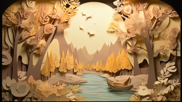 Opera d'arte tagliata su carta che raffigura lo sfondo di fiori e alberi AI generativa