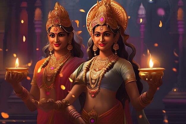 Opera di concept art che mostra la presenza delle divinità indù tradizionali durante il Diwali