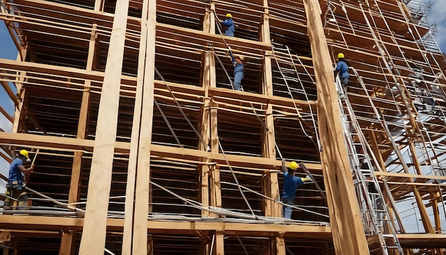 Operai che montano un'impalcatura per un edificio alto