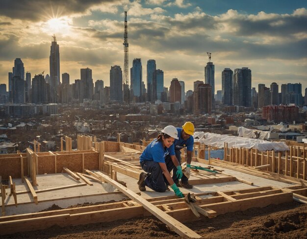 operai edili che costruiscono un edificio in costruzione con una città sullo sfondo