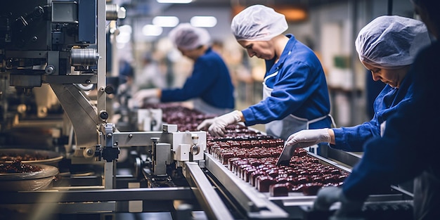 Operai efficienti che realizzano abilmente deliziosi cioccolatini su una linea di produzione IA generativa