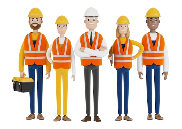 Operai industriali. Un team di costruttori che indossano giubbotti di sicurezza e elmetti. Illustrazione 3D in stile cartone animato.