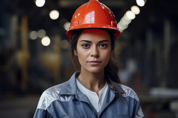 Operaia che indossa un casco protettivo generativo di Ai