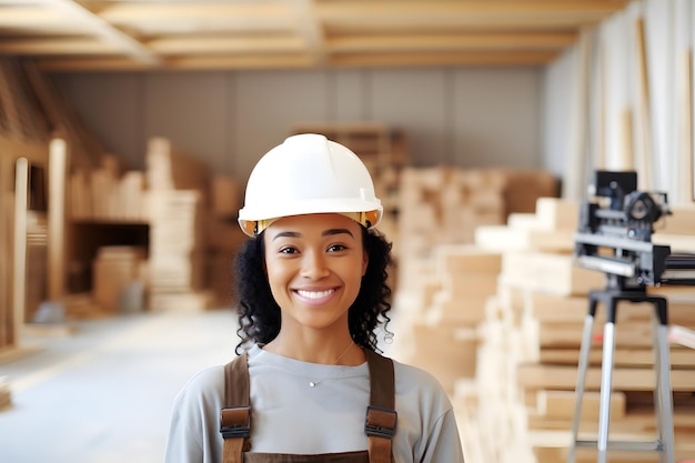 operaio artigianale di legno femminile che indossa il casco cunstruction sfondo del sito