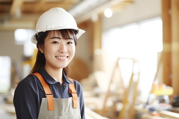 operaio artigianale di legno femminile che indossa il casco cunstruction sfondo del sito