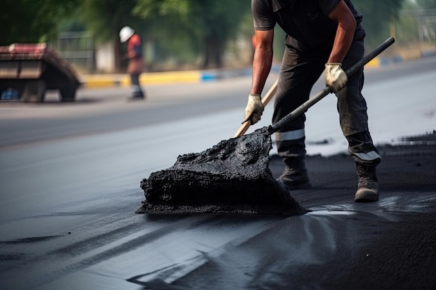 Operaio che applica uno strato fresco di asfalto caldo sulla superficie stradale