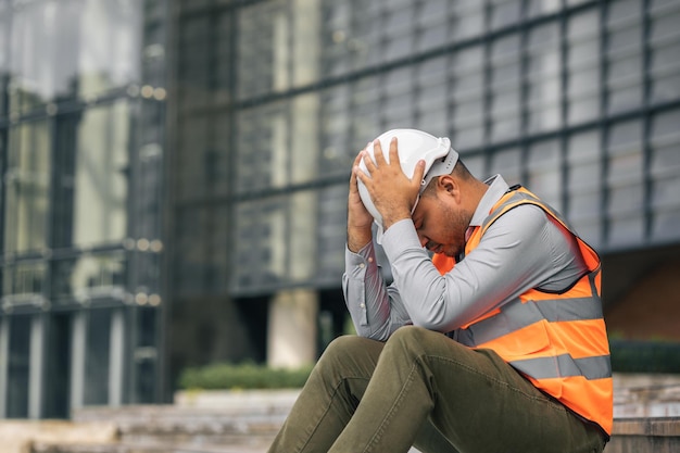 Operaio che lavora sodo in cantiere è stanco e sconsolato L'ingegnere civile ha commesso un errore era molto stressato Danneggia la struttura dell'edificio causando un guasto