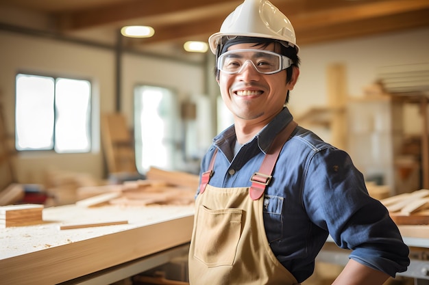 operaio di artigianato del legno che indossa occhiali da sole di sicurezza che lavora in garage