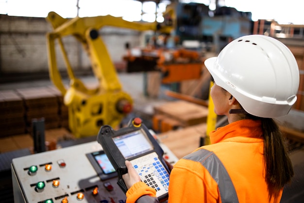 Operaio di fabbrica che fa funzionare la macchina di produzione utilizzando un computer industriale