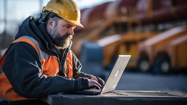 Operaio di fabbrica nella raffineria di petrolio che utilizza il computer portatile per lavori di manutenzione