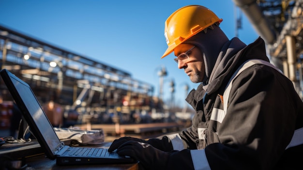 Operaio di fabbrica nella raffineria di petrolio che utilizza il computer portatile per lavori di manutenzione