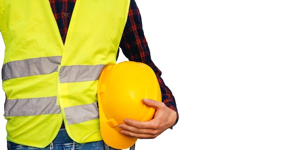 Operaio edile azienda casco giallo Operaio edile che indossa gilet fluorescente Isolato