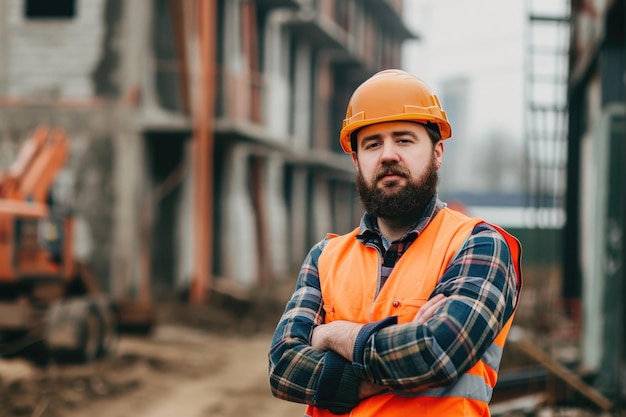 Operaio edile barbuto sveglio al cantiere