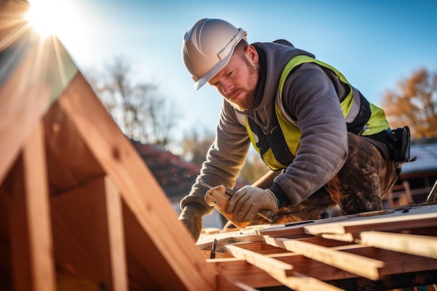 Operaio edile del tetto che lavora sulla struttura del tetto in cantiere Operaio edile onorario