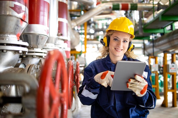 operaio femminile dell'impianto di riscaldamento in piedi vicino a valvole e tubi che controllano la temperatura dell'acqua sul suo tablet