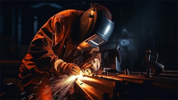 Operaio industriale che indossa maschera di sicurezza e metallo di saldatura con scintille in fabbrica