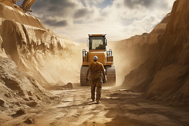 operaio maschio con bulldozer in una cava di sabbia