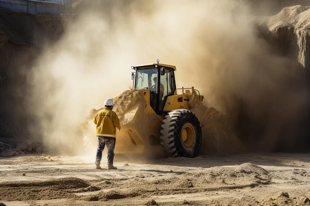 operaio maschio con bulldozer in una cava di sabbia