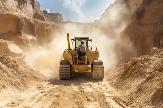 operaio maschio con bulldozer in una cava di sabbia