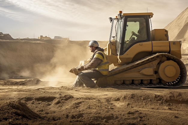 operaio maschio con bulldozer in una cava di sabbia