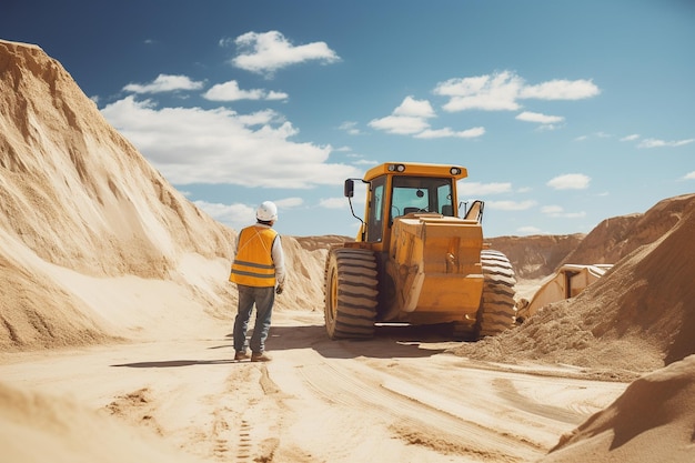 operaio maschio con bulldozer in una cava di sabbia