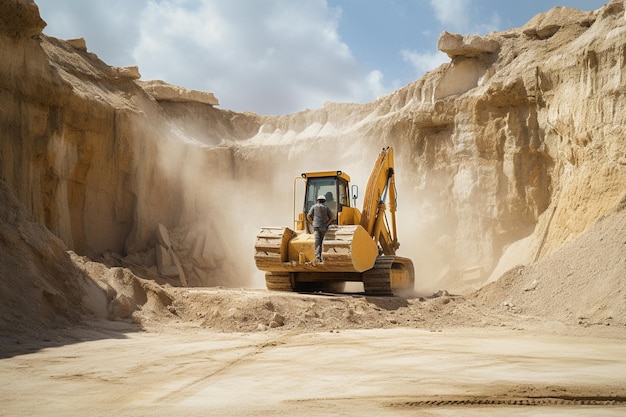 operaio maschio con bulldozer in una cava di sabbia
