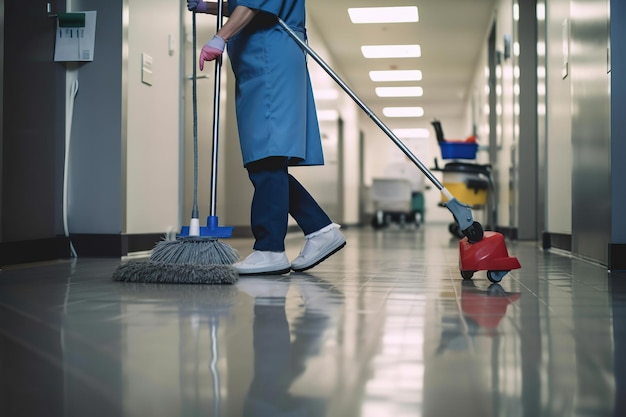 Operaio ospedaliero che esegue la pulizia in camera Illustrazione dell'IA generativa