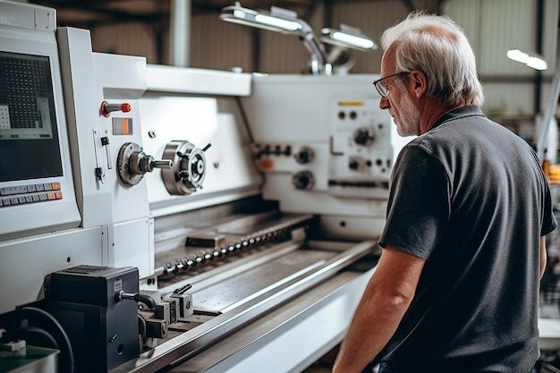 Operatore della macchina cnc che controlla le dimensioni del prodotto finito