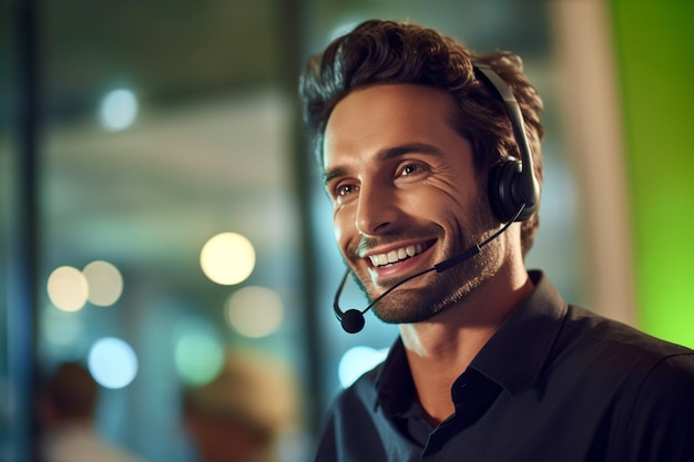 Operatore di call center maschile sorridente che lavora in un ufficio con IA generativa