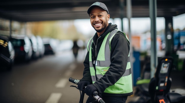 Operatore di scooter elettrici pronto per la mobilità urbana ecologica