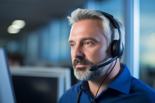 Operatore di un call center maturo che guarda lo schermo del portatile.